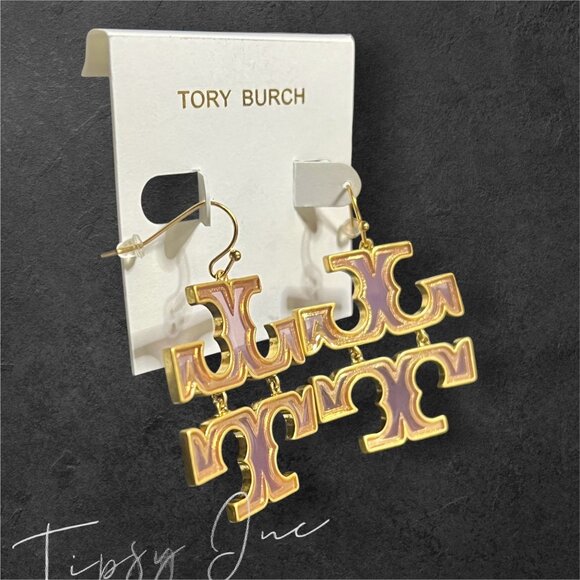 Tory Burch Stunning Pink and Gold Logo Hoop Earrings - Picture 2 of 2